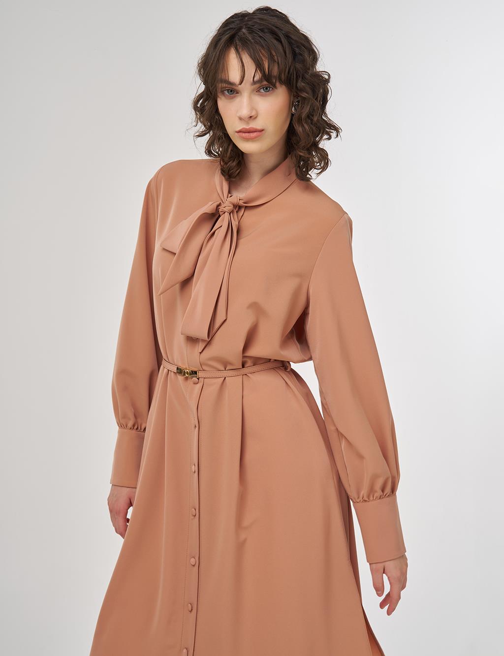 Collar Detail Belted Long Tunic Mushroom