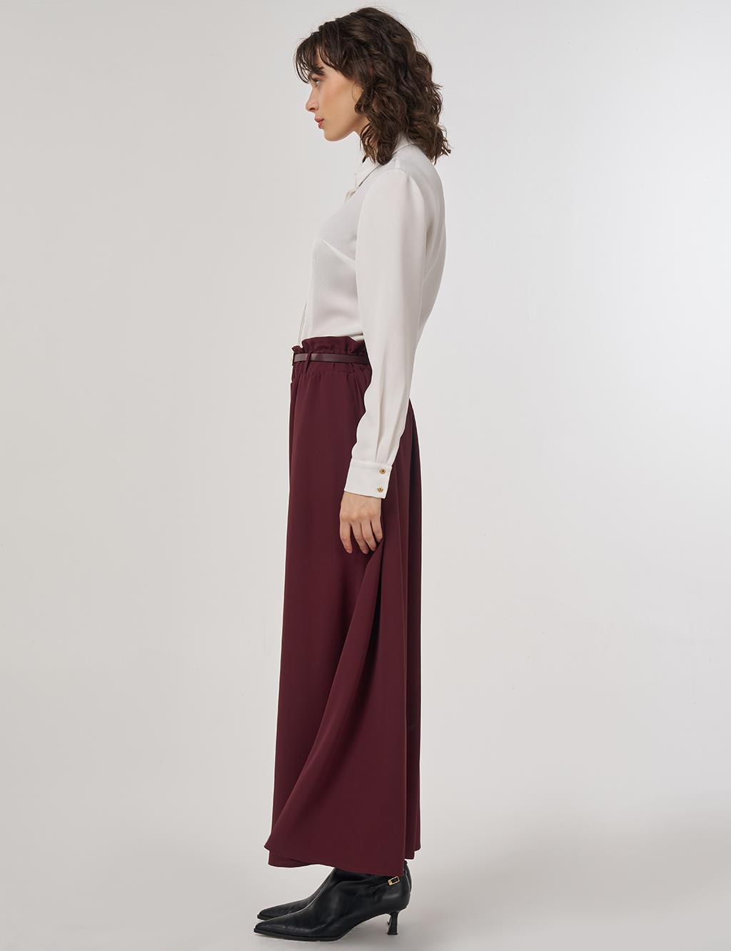 Belt Detail Flared Skirt Burgundy