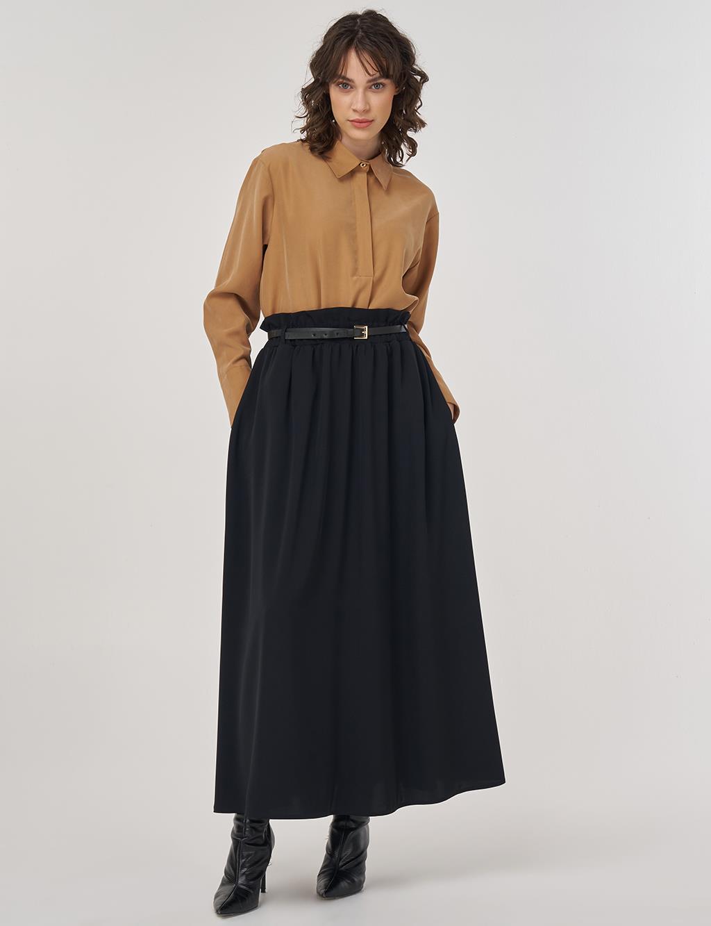 Belt Detail Flared Skirt Black