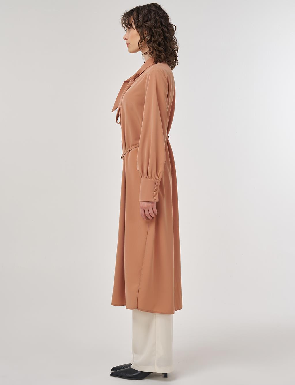 Collar Detail Belted Long Tunic Mushroom