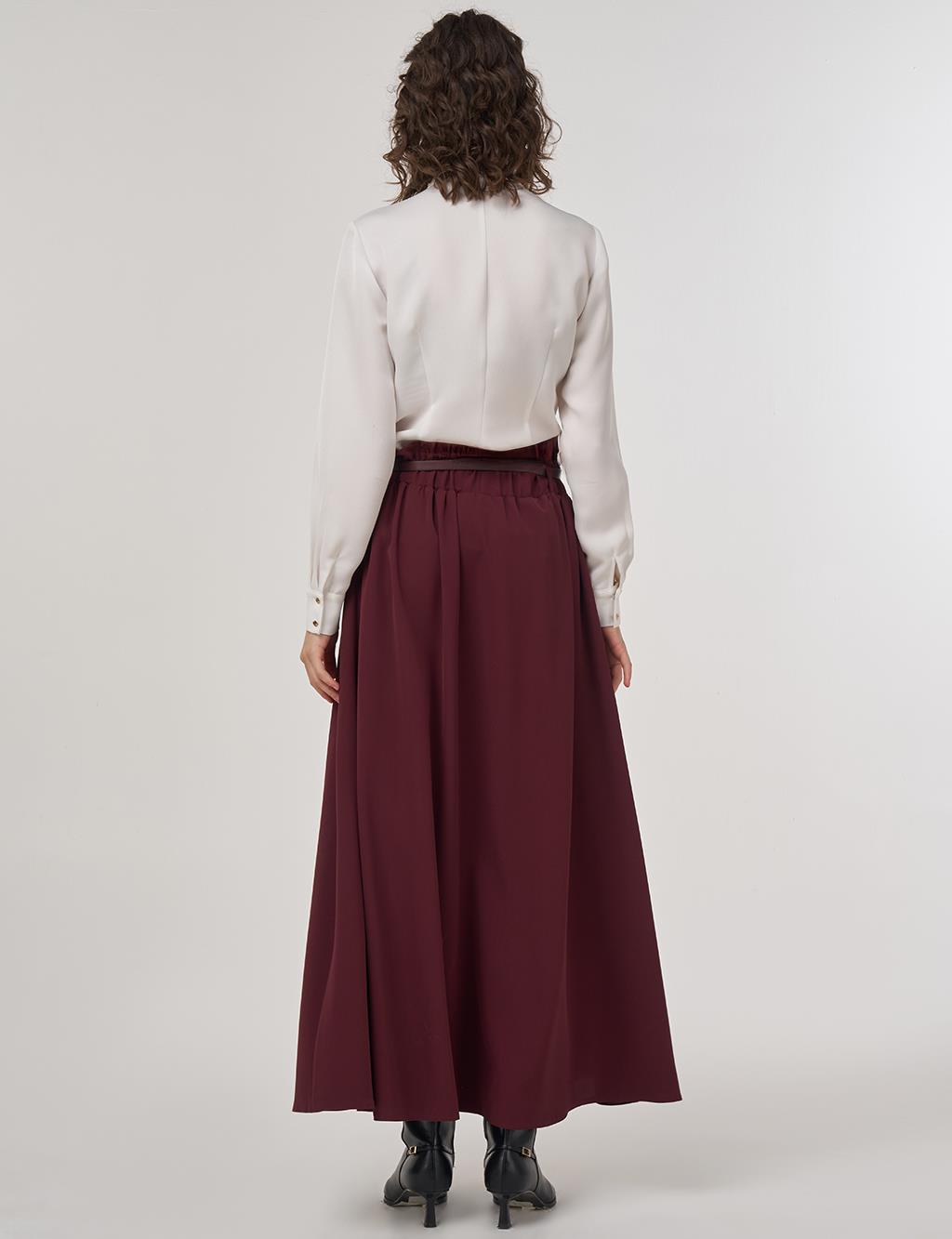 Belt Detail Flared Skirt Burgundy