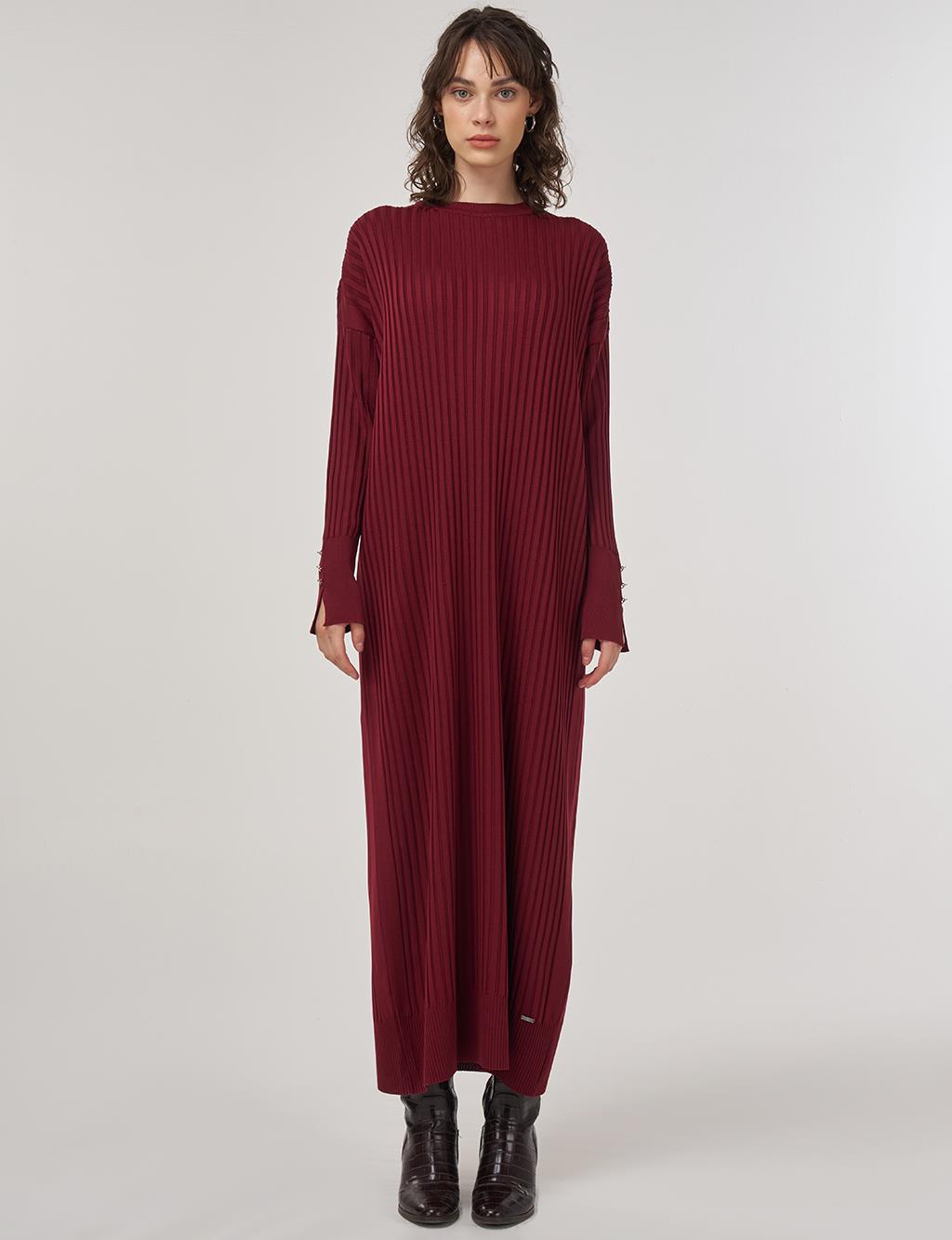 Ribbed Crew Neck Knit Maxi Dress Burgundy