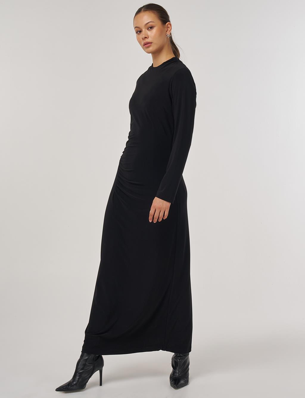 Crew-Up Draped Dress in Black