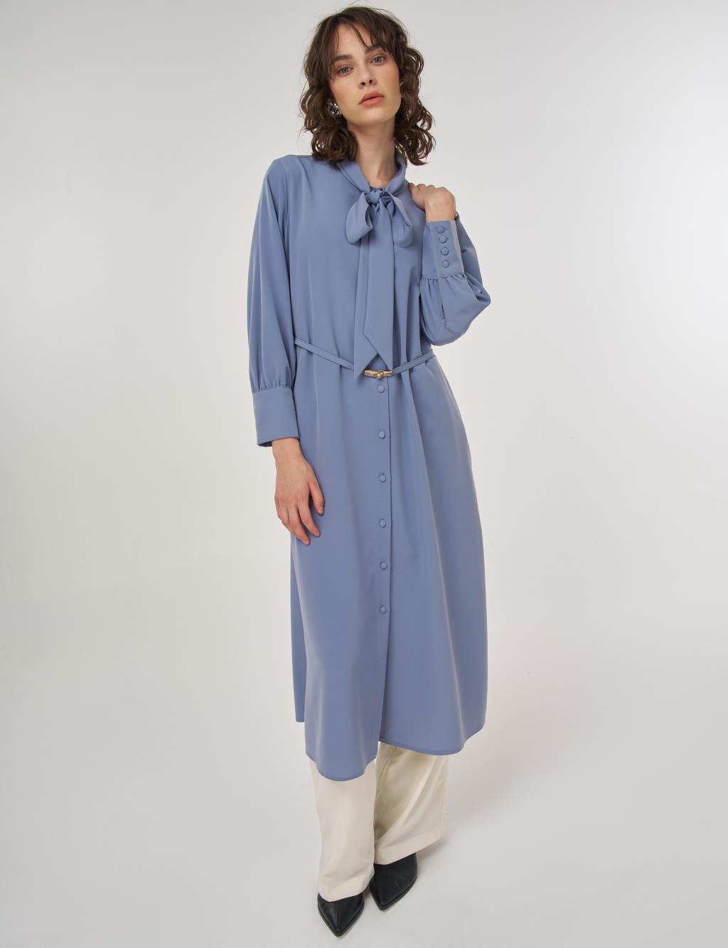 Collar Detail Belted Long Tunic Aviator Blue