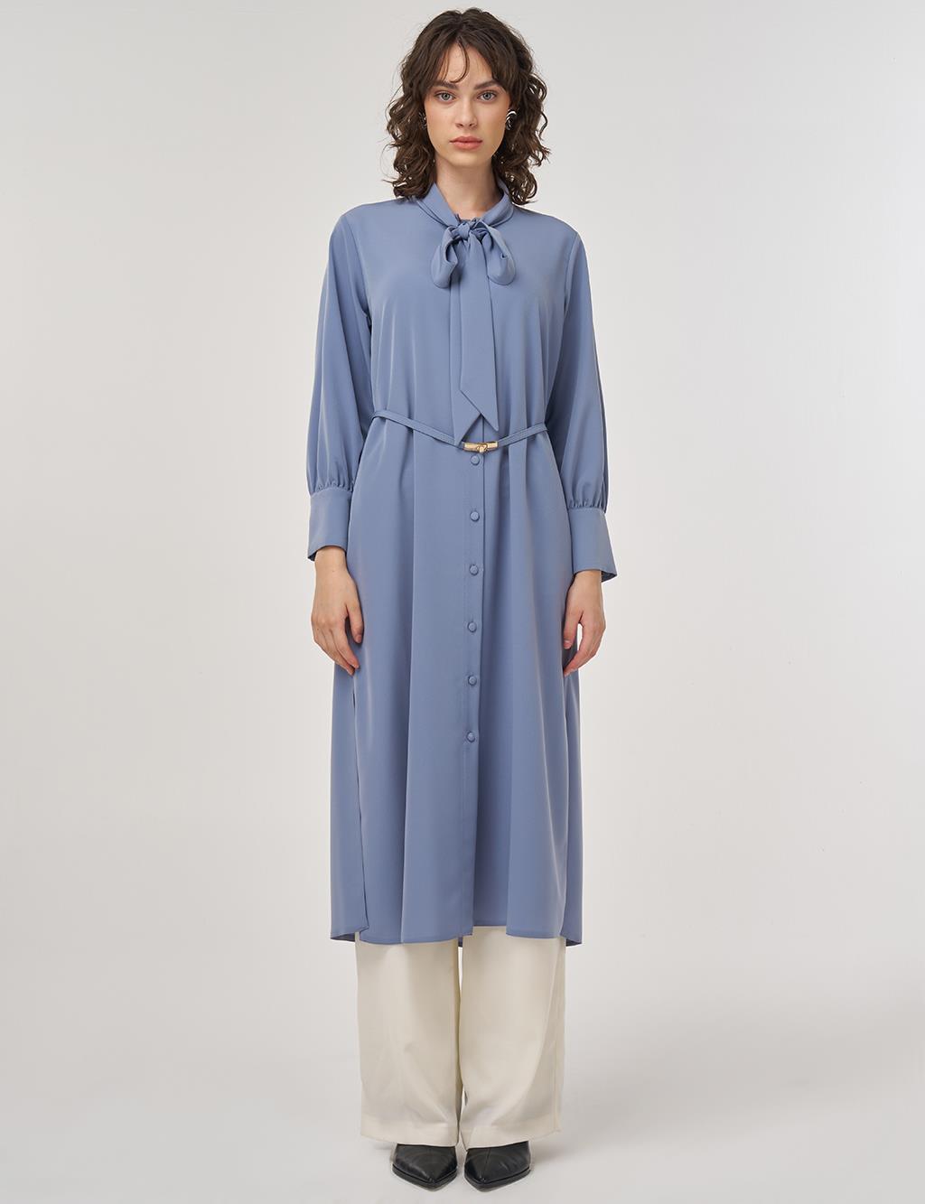 Collar Detail Belted Long Tunic Aviator Blue