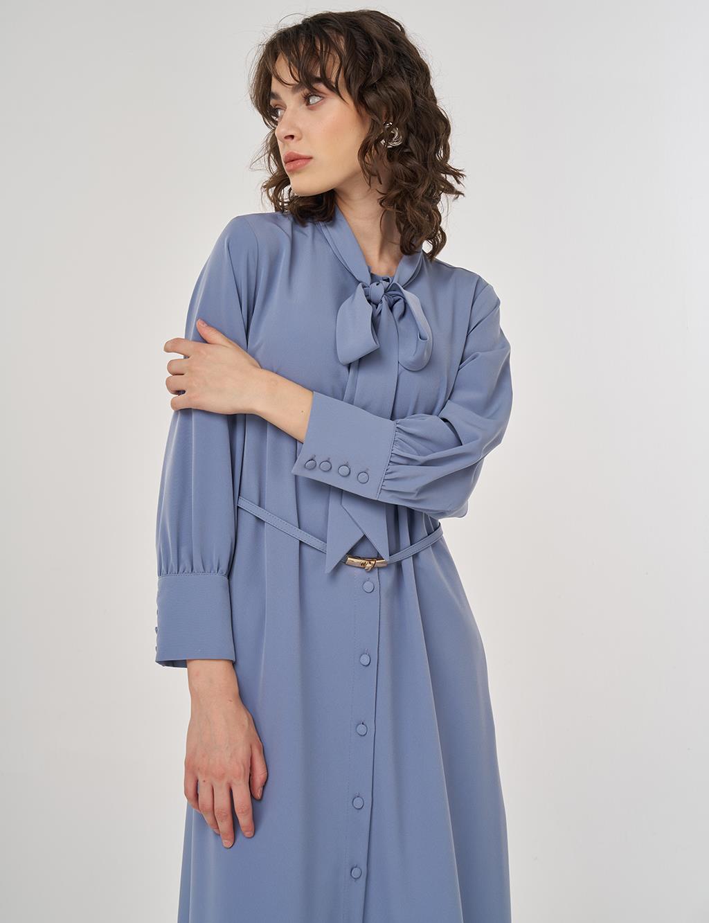 Collar Detail Belted Long Tunic Aviator Blue