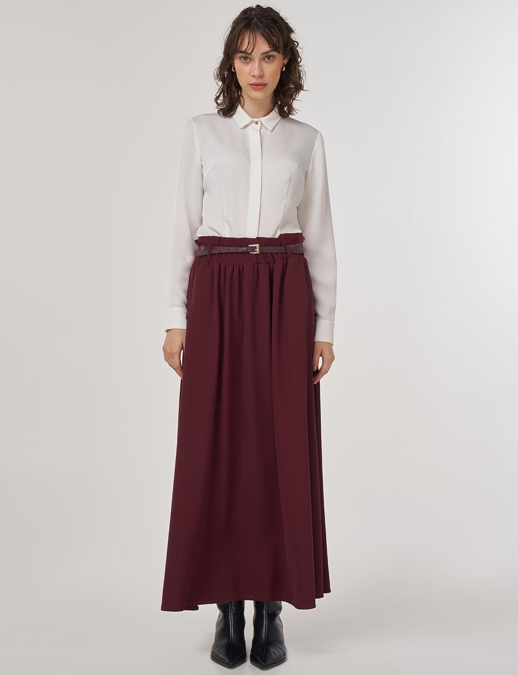 Belt Detail Flared Skirt Burgundy
