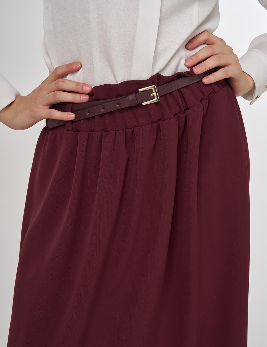 Belt Detail Flared Skirt Burgundy