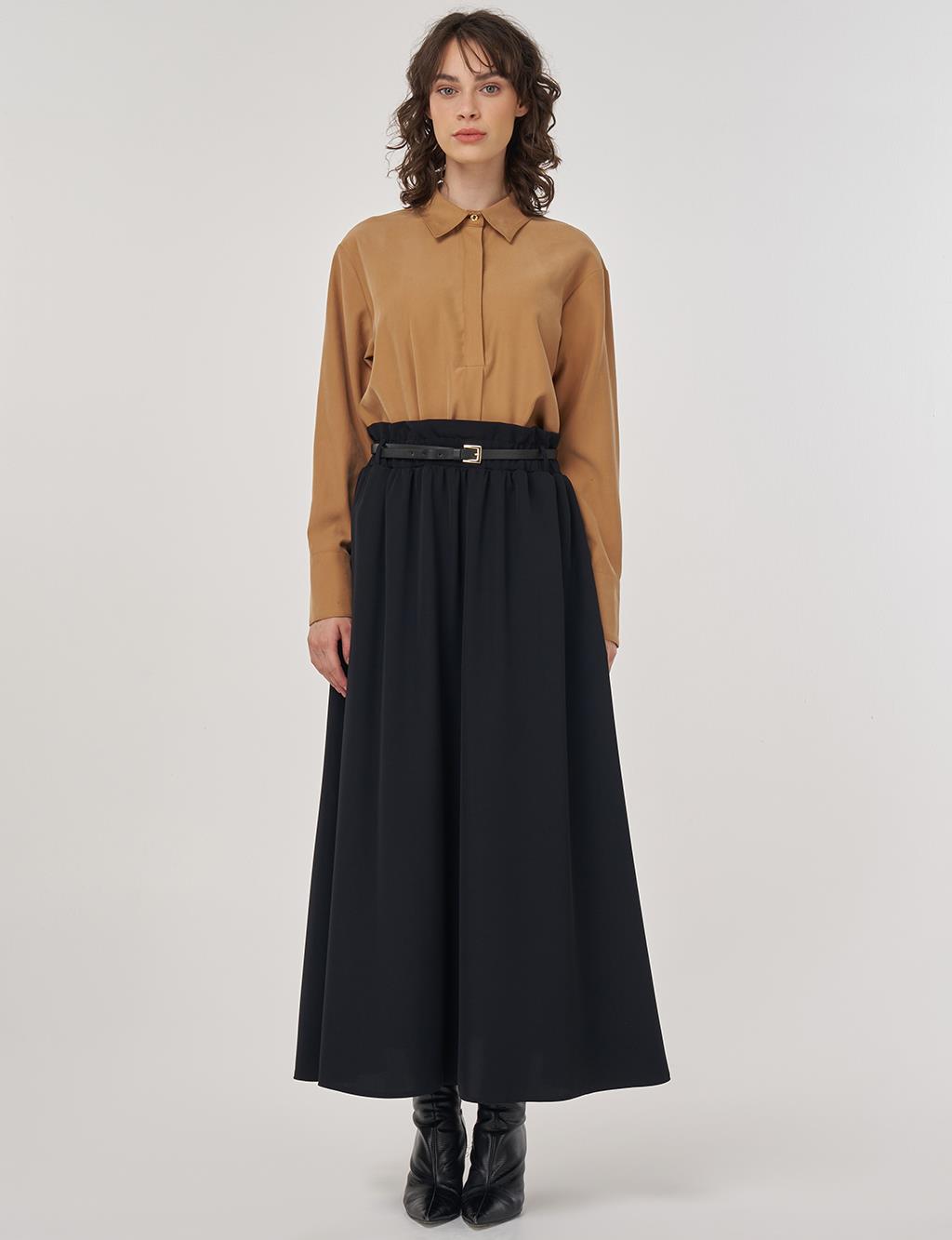 Belt Detail Flared Skirt Black