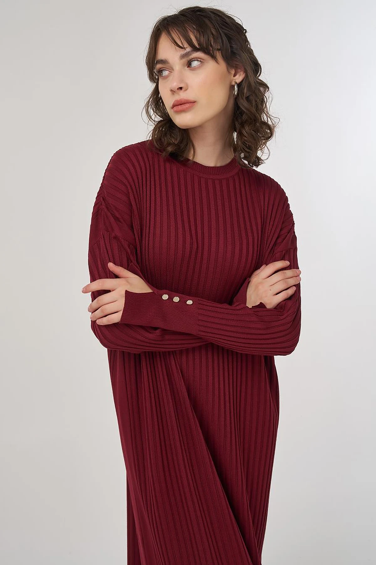 Ribbed Crew Neck Knit Maxi Dress Burgundy