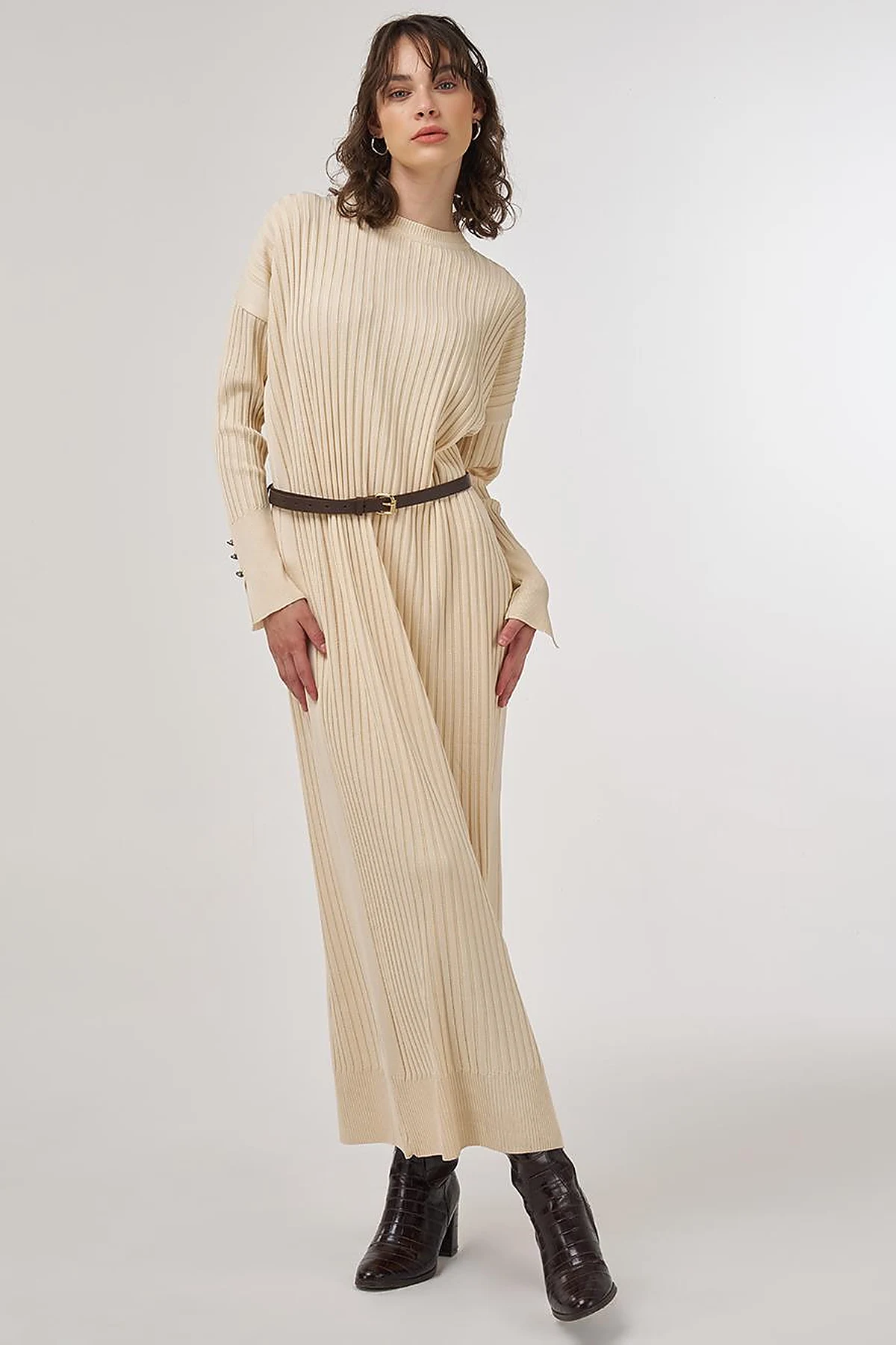 Ribbed Crew Neck Knit Maxi Dress Dark Stone