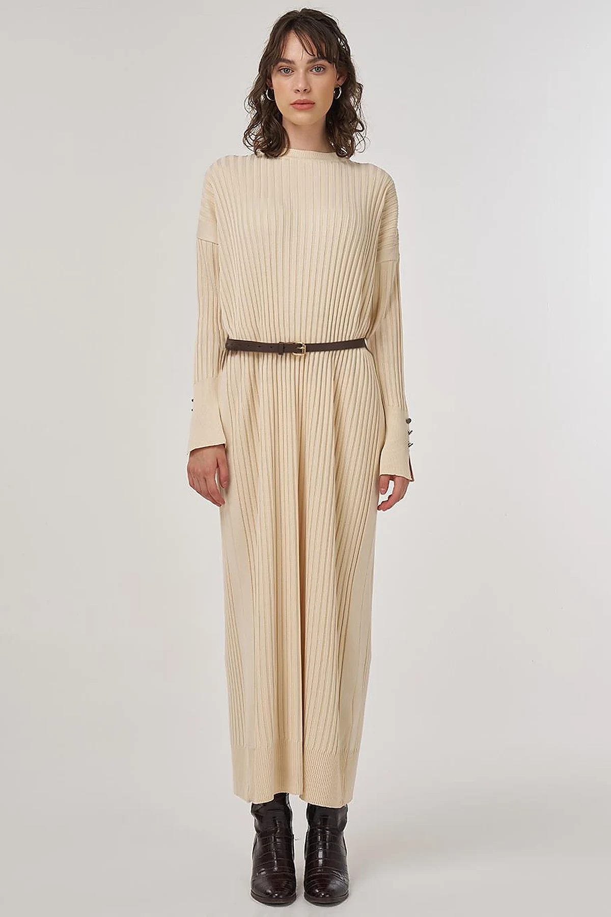 Ribbed Crew Neck Knit Maxi Dress Dark Stone