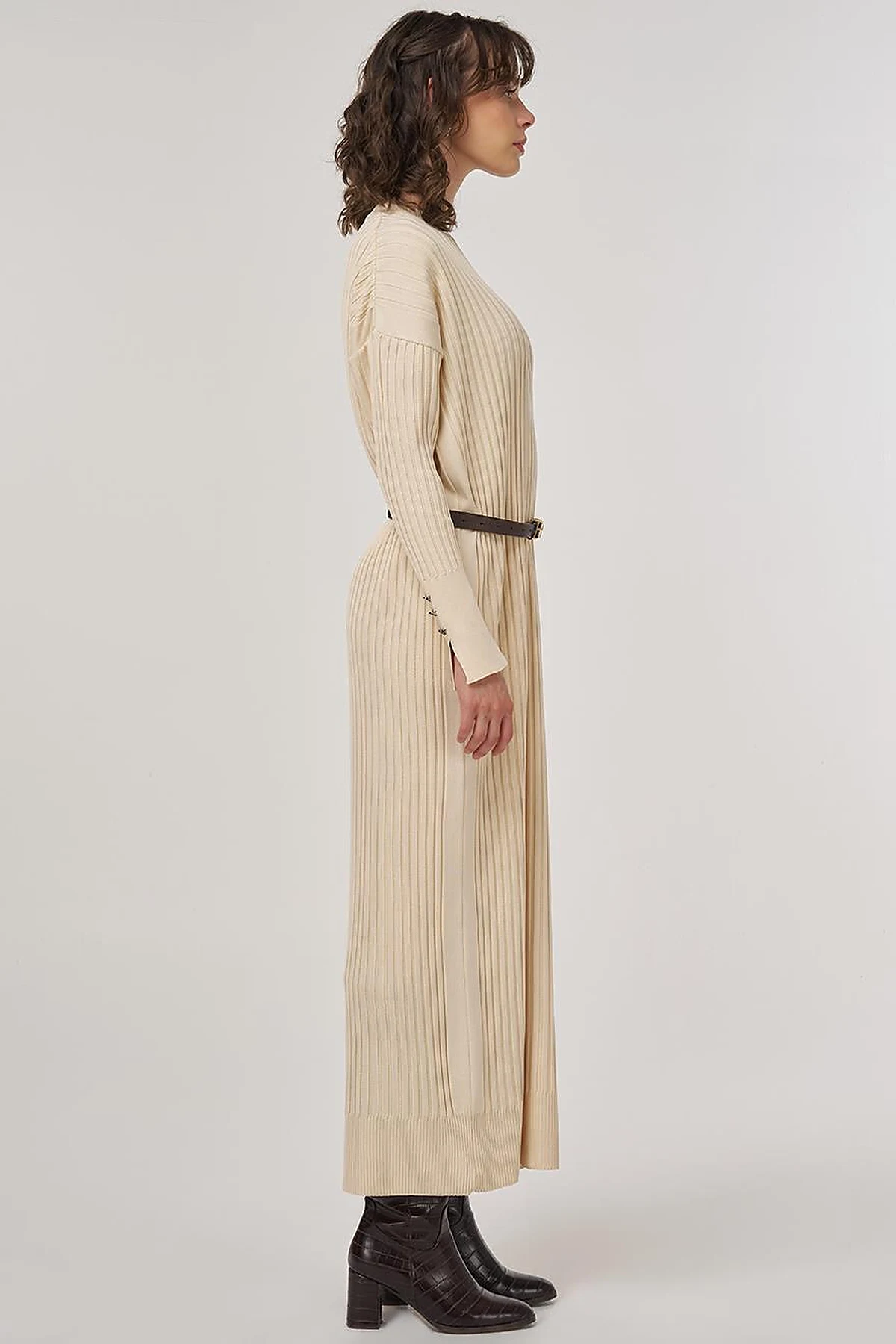 Ribbed Crew Neck Knit Maxi Dress Dark Stone