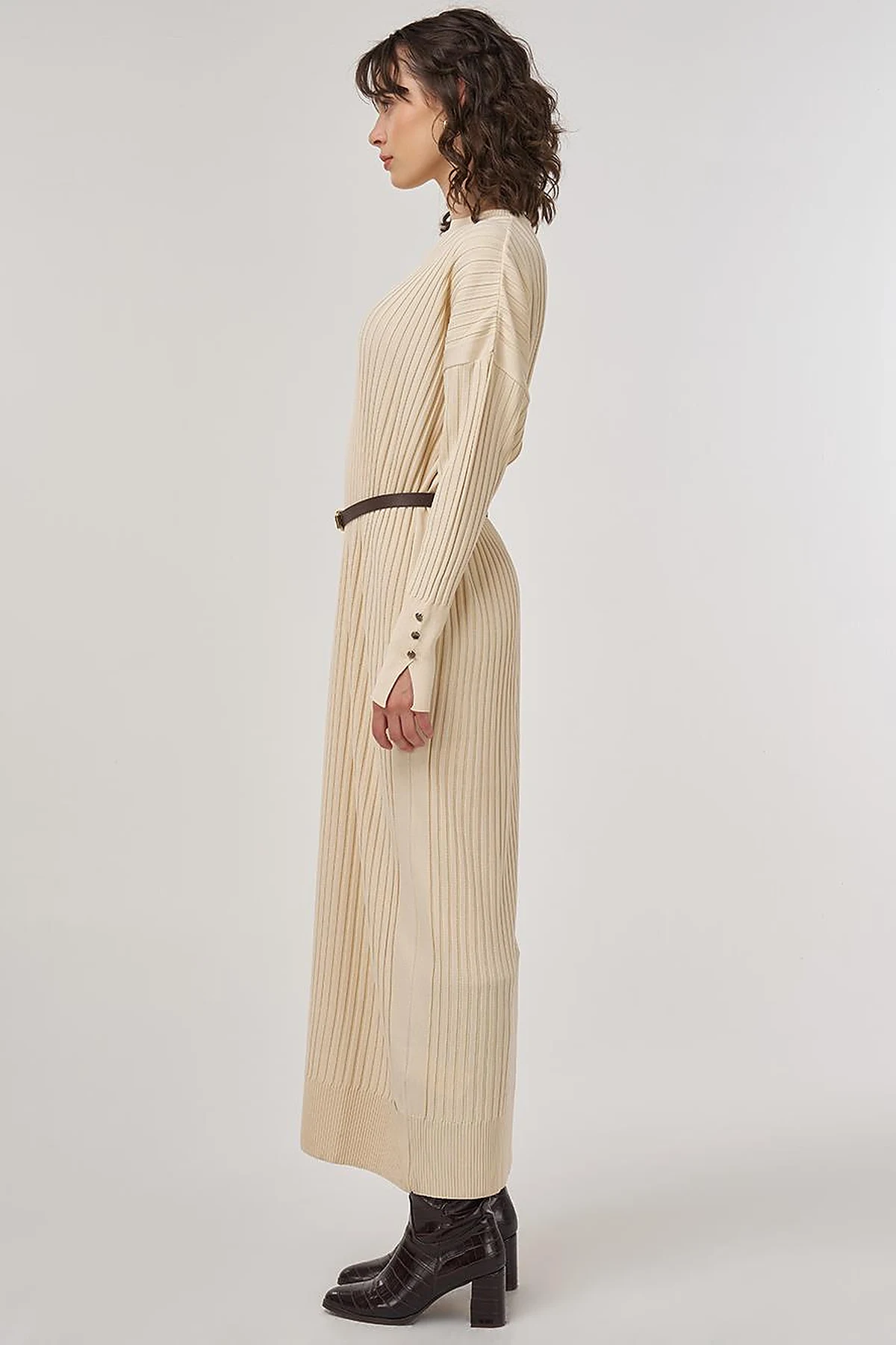 Ribbed Crew Neck Knit Maxi Dress Dark Stone