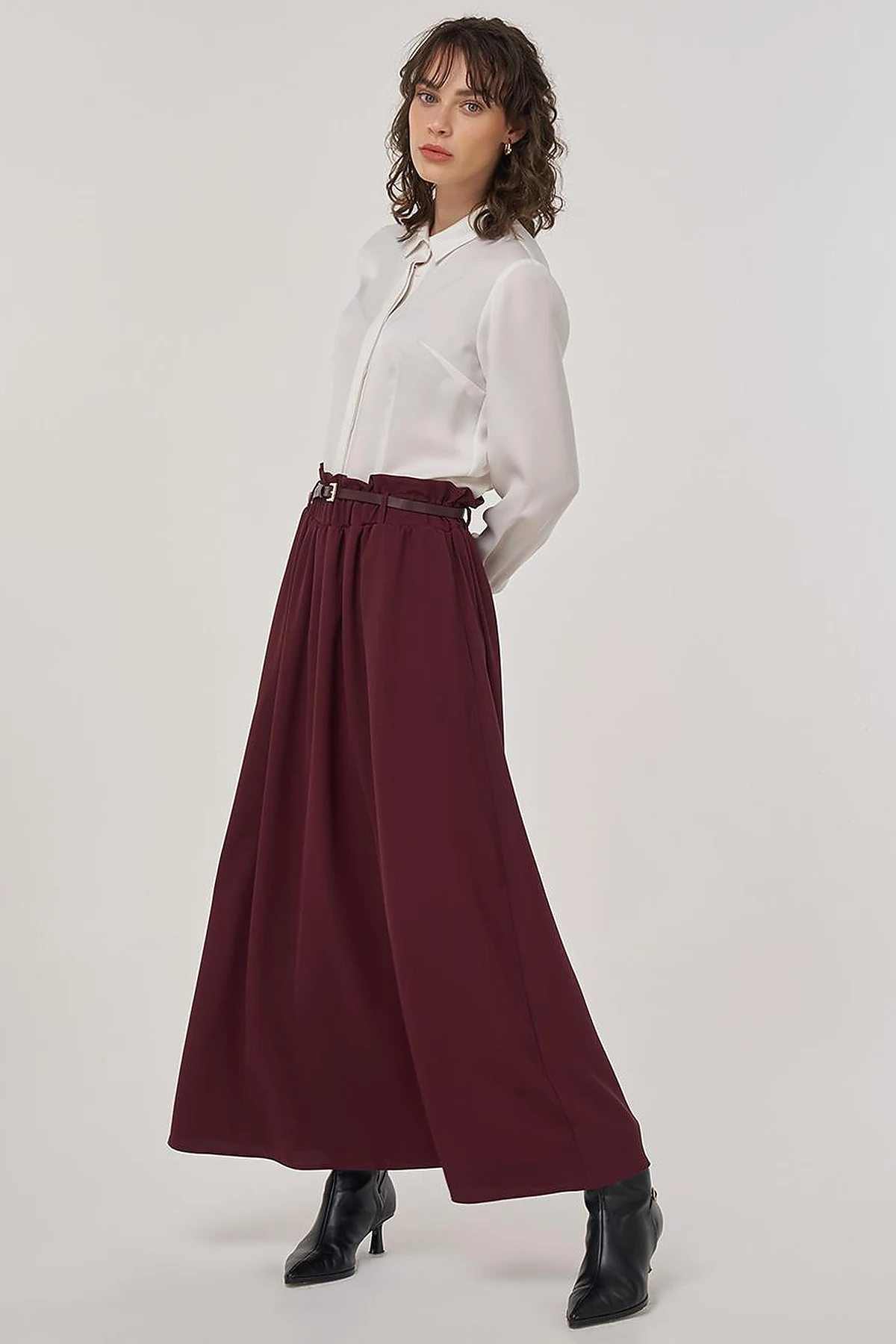 Belt Detail Flared Skirt Burgundy