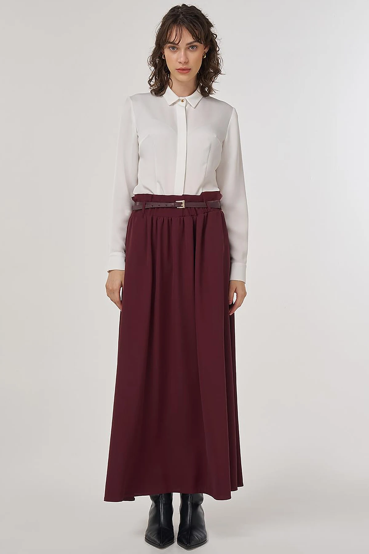 Belt Detail Flared Skirt Burgundy