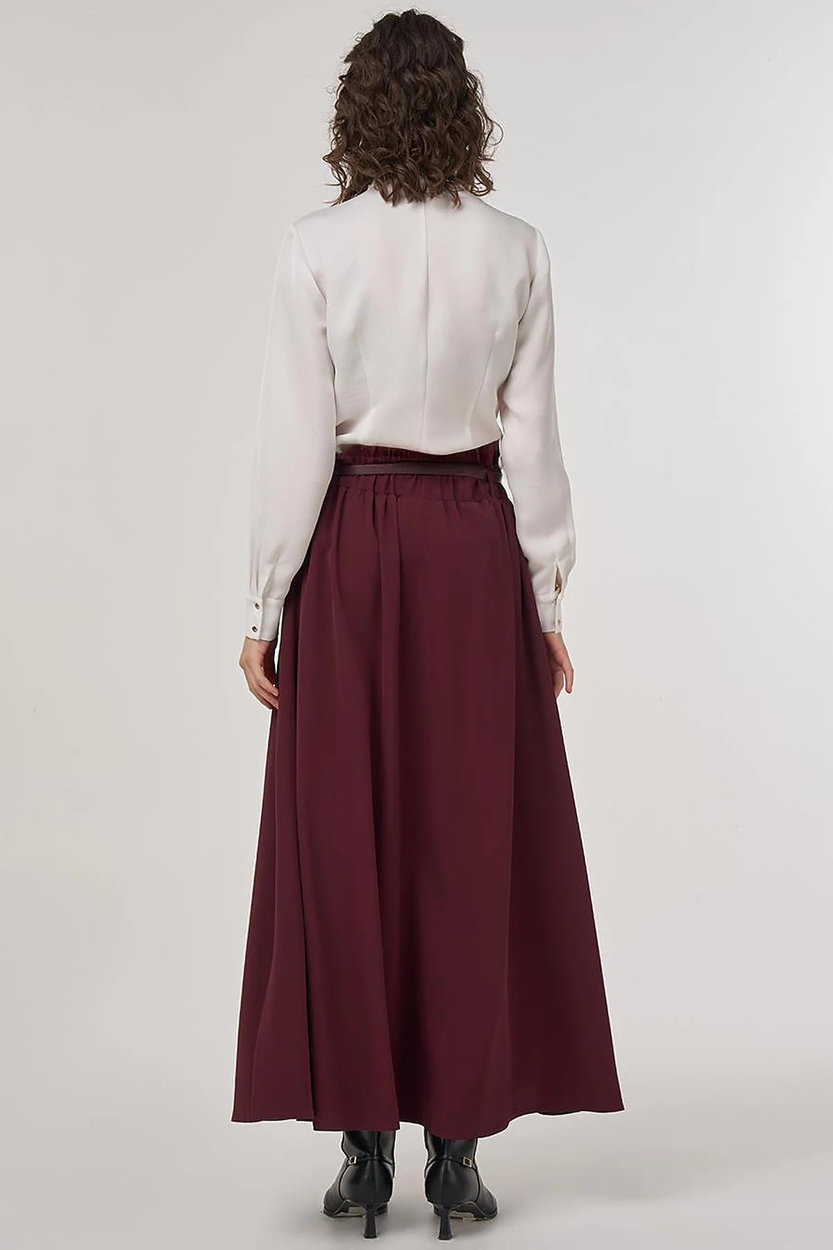 Belt Detail Flared Skirt Burgundy