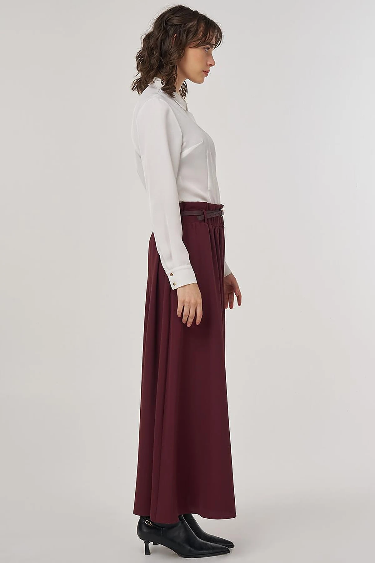 Belt Detail Flared Skirt Burgundy