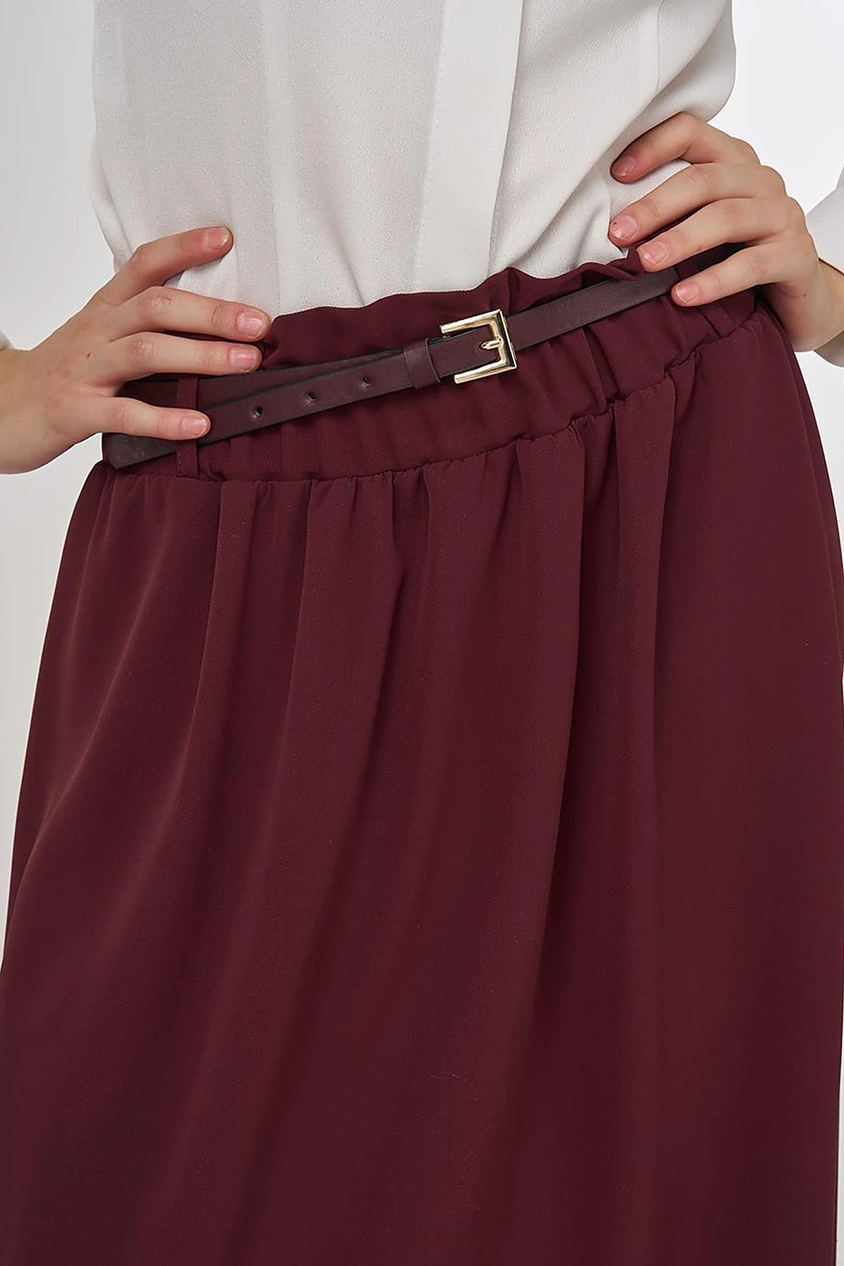 Belt Detail Flared Skirt Burgundy
