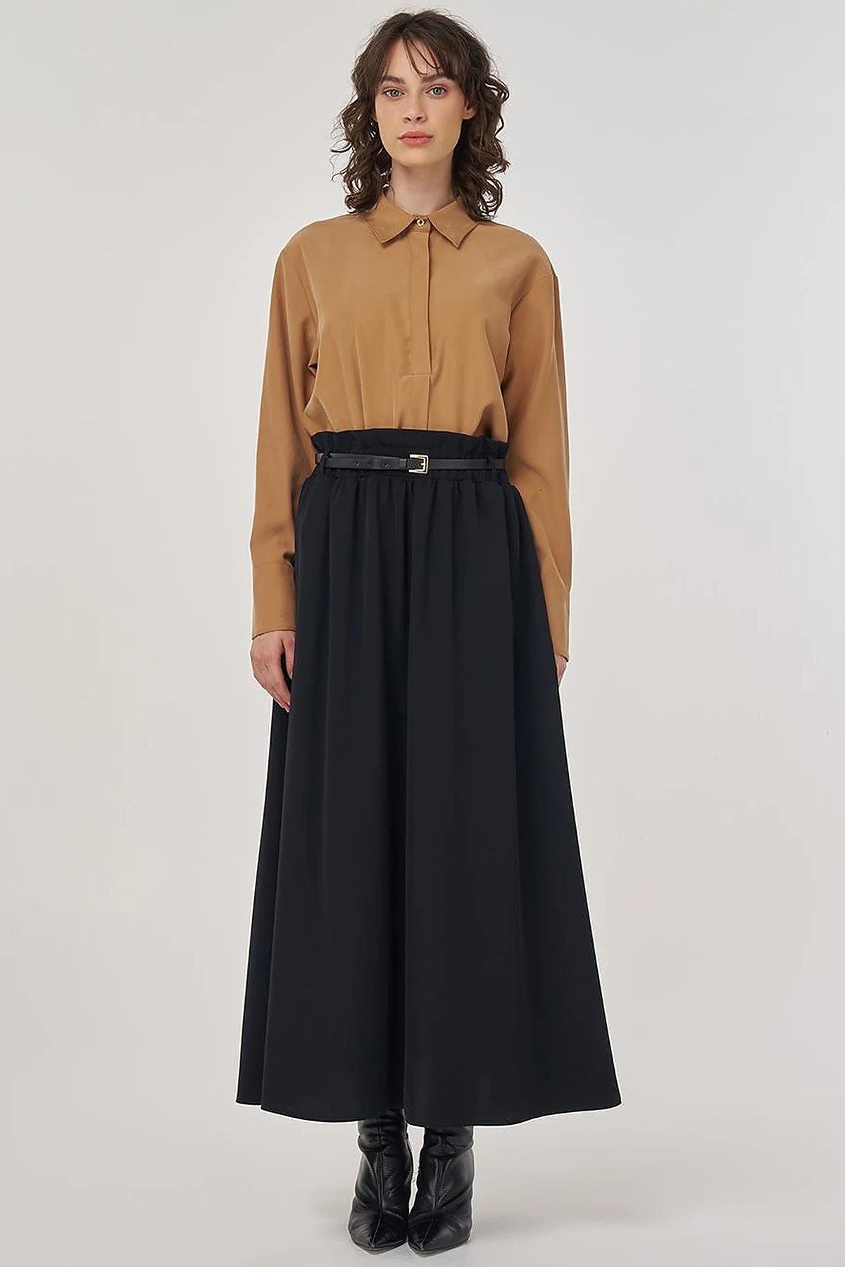 Belt Detail Flared Skirt Black