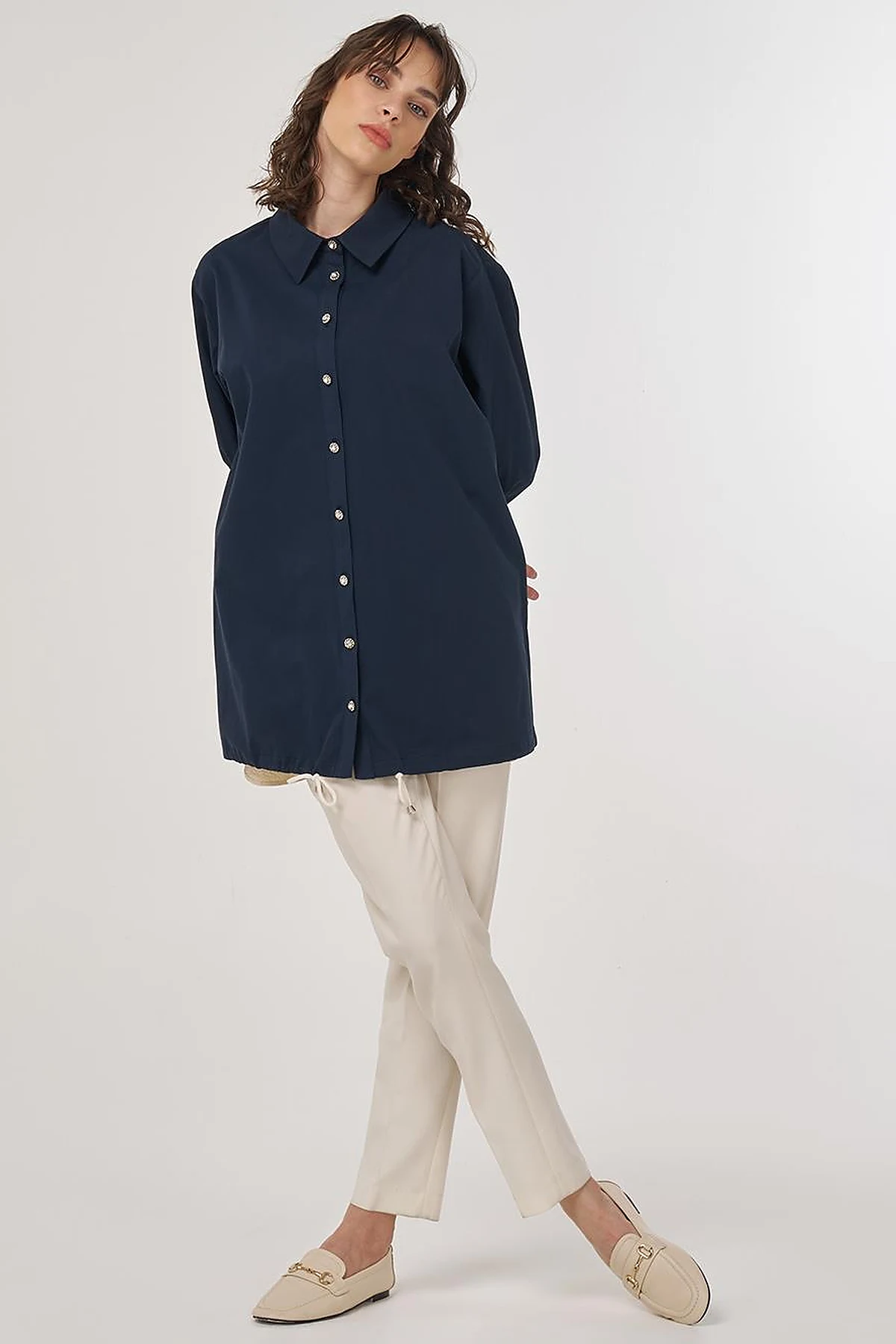100% Cotton Drawstring Tunic Dark Navy Blue