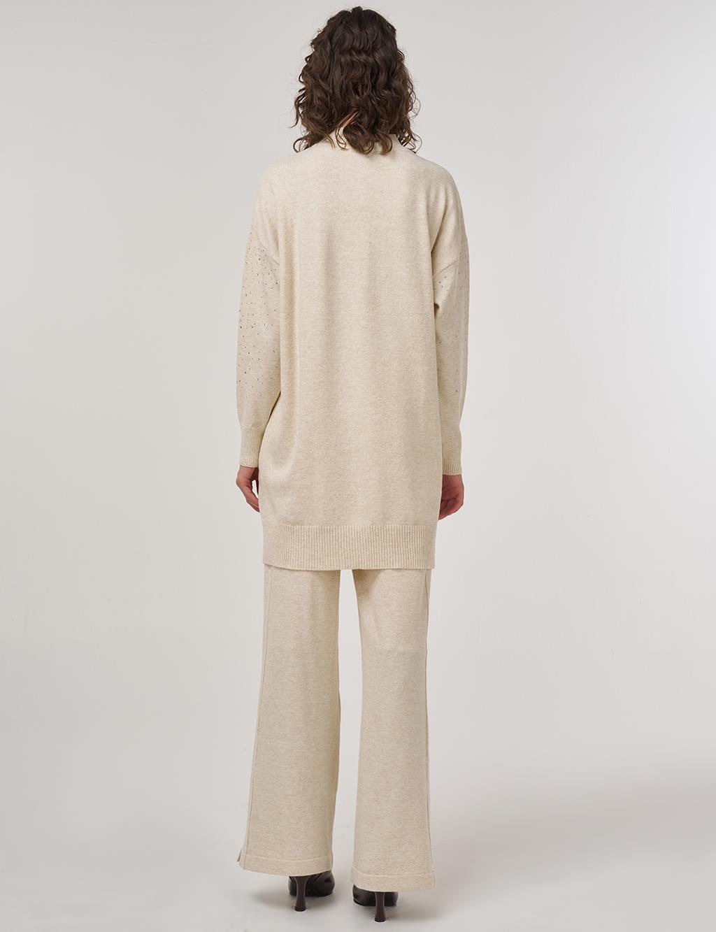 Hotfix Printed Knit Tunic Trouser Two-Piece Set Cream