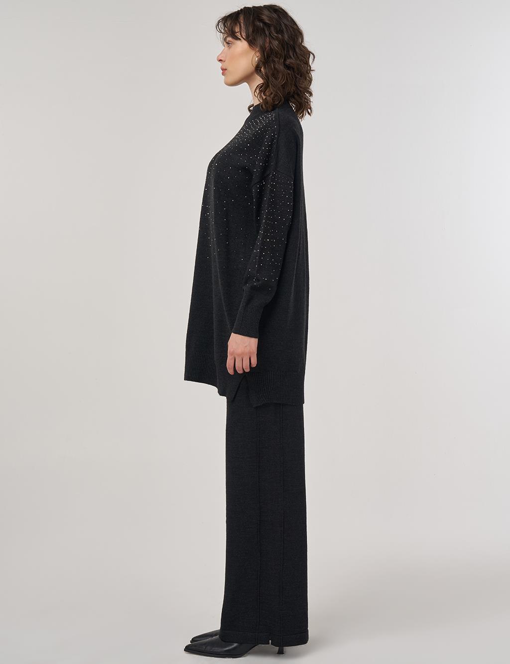 Hotfix Printed Knit Tunic Pants Two-Piece Set Black