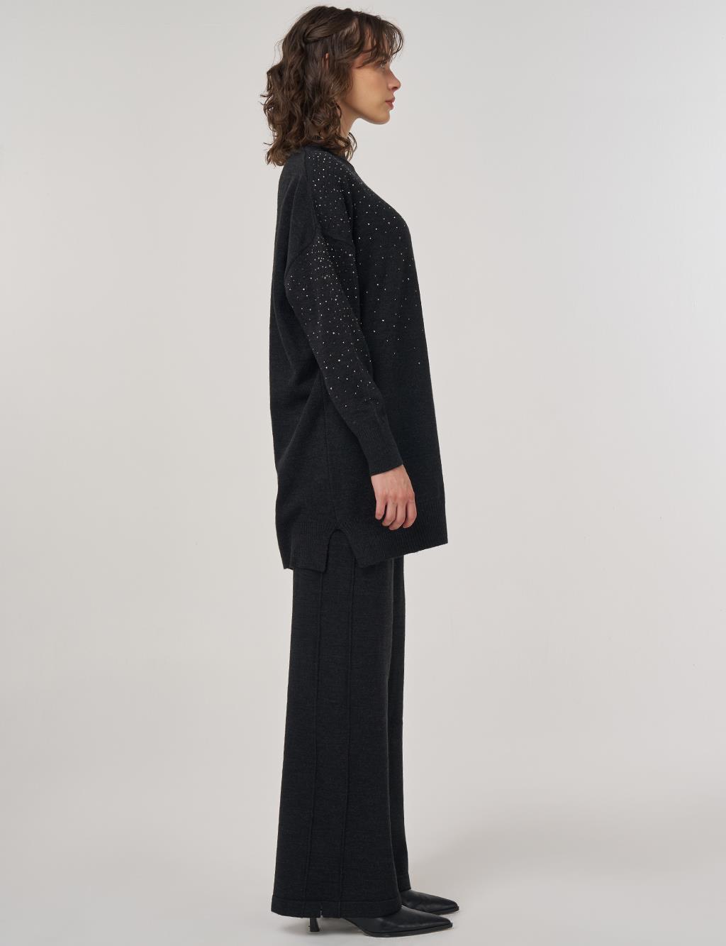 Hotfix Printed Knit Tunic Pants Two-Piece Set Black