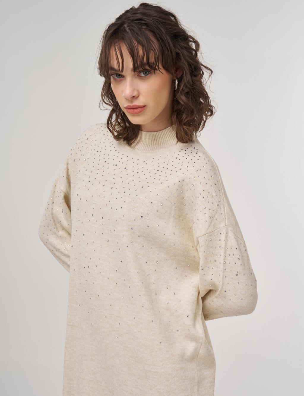 Hotfix Printed Knit Tunic Trouser Two-Piece Set Cream