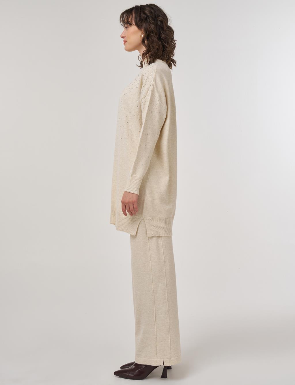 Hotfix Printed Knit Tunic Trouser Two-Piece Set Cream