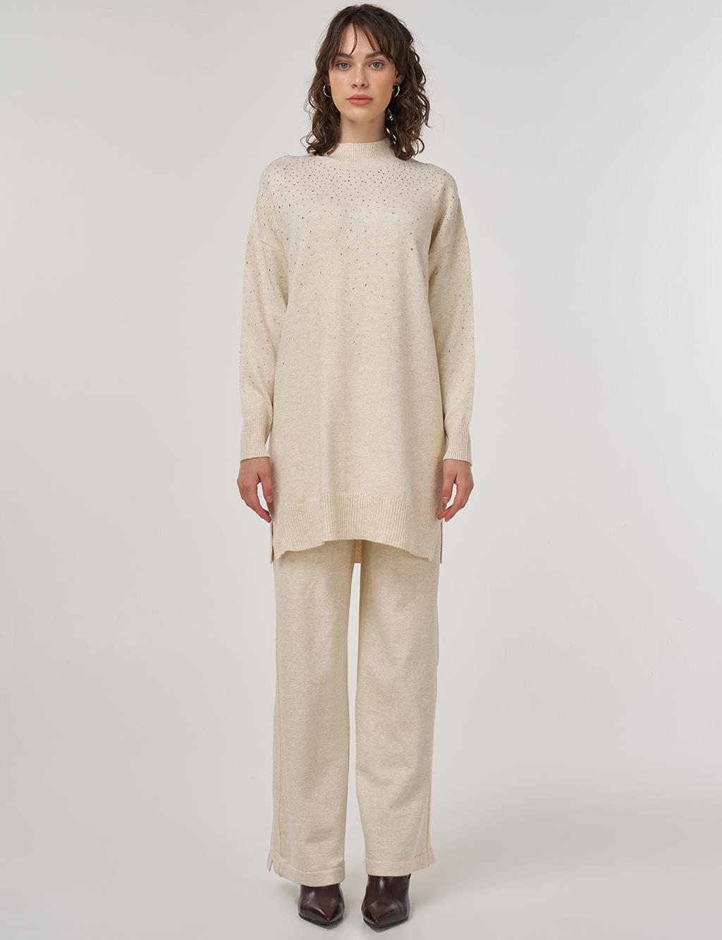 Hotfix Printed Knit Tunic Trouser Two-Piece Set Cream