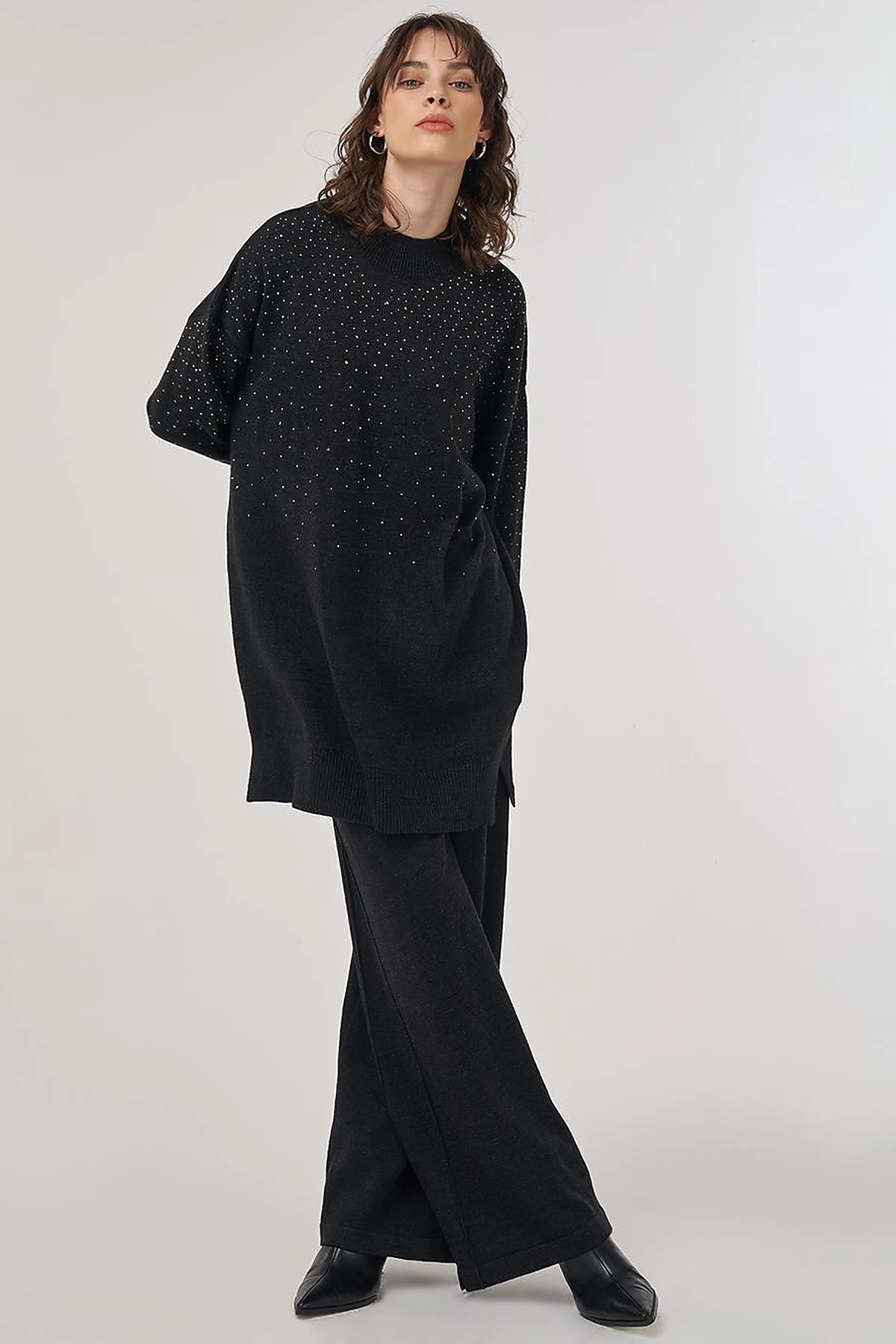 Hotfix Printed Knit Tunic Pants Two-Piece Set Black
