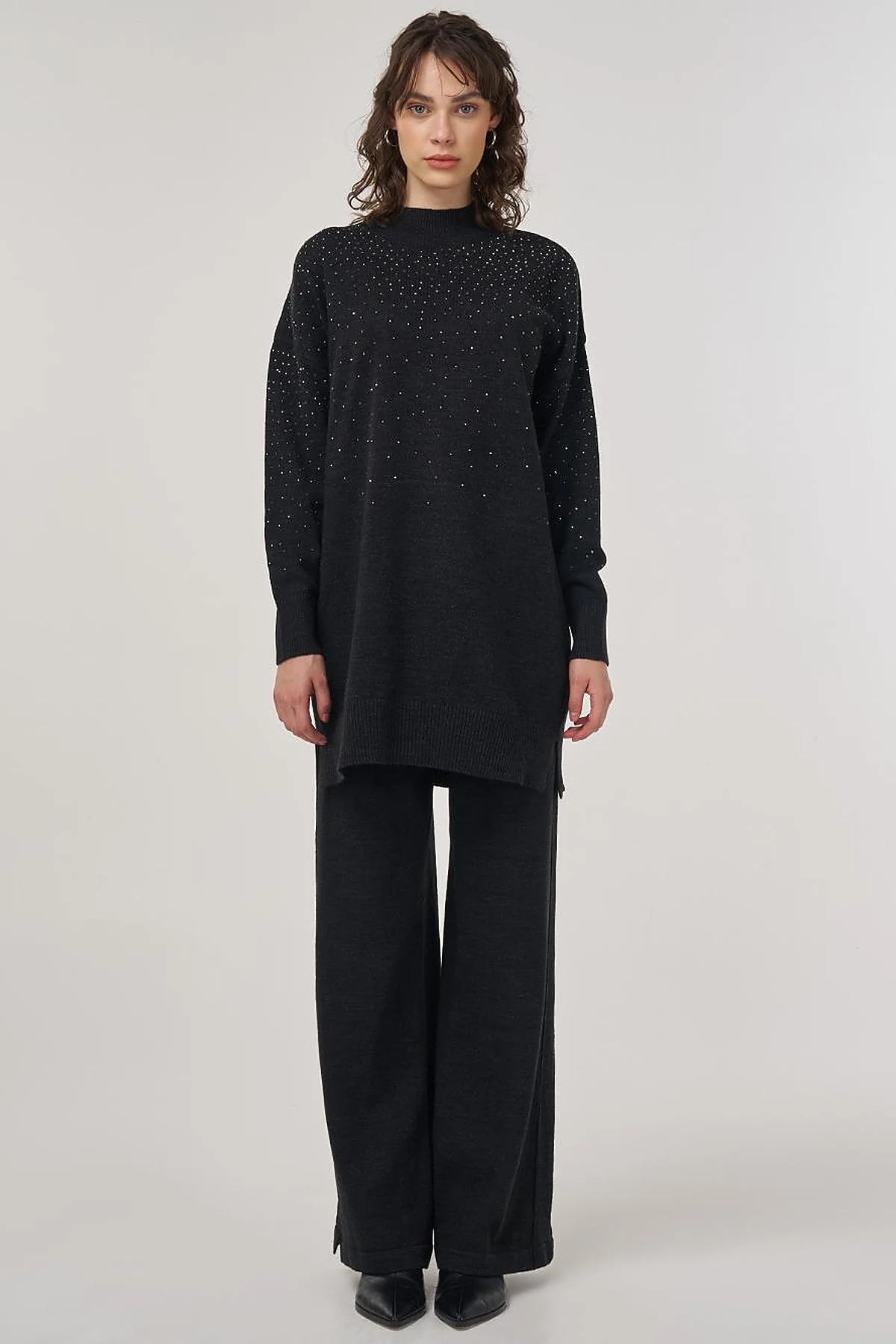 Hotfix Printed Knit Tunic Pants Two-Piece Set Black