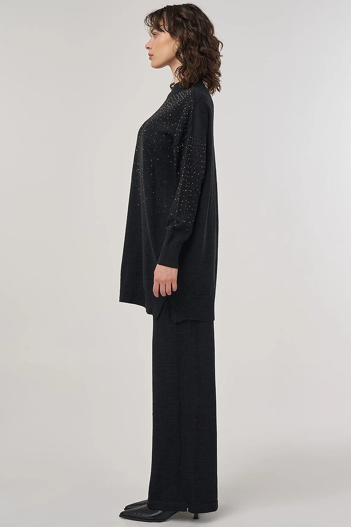 Hotfix Printed Knit Tunic Pants Two-Piece Set Black