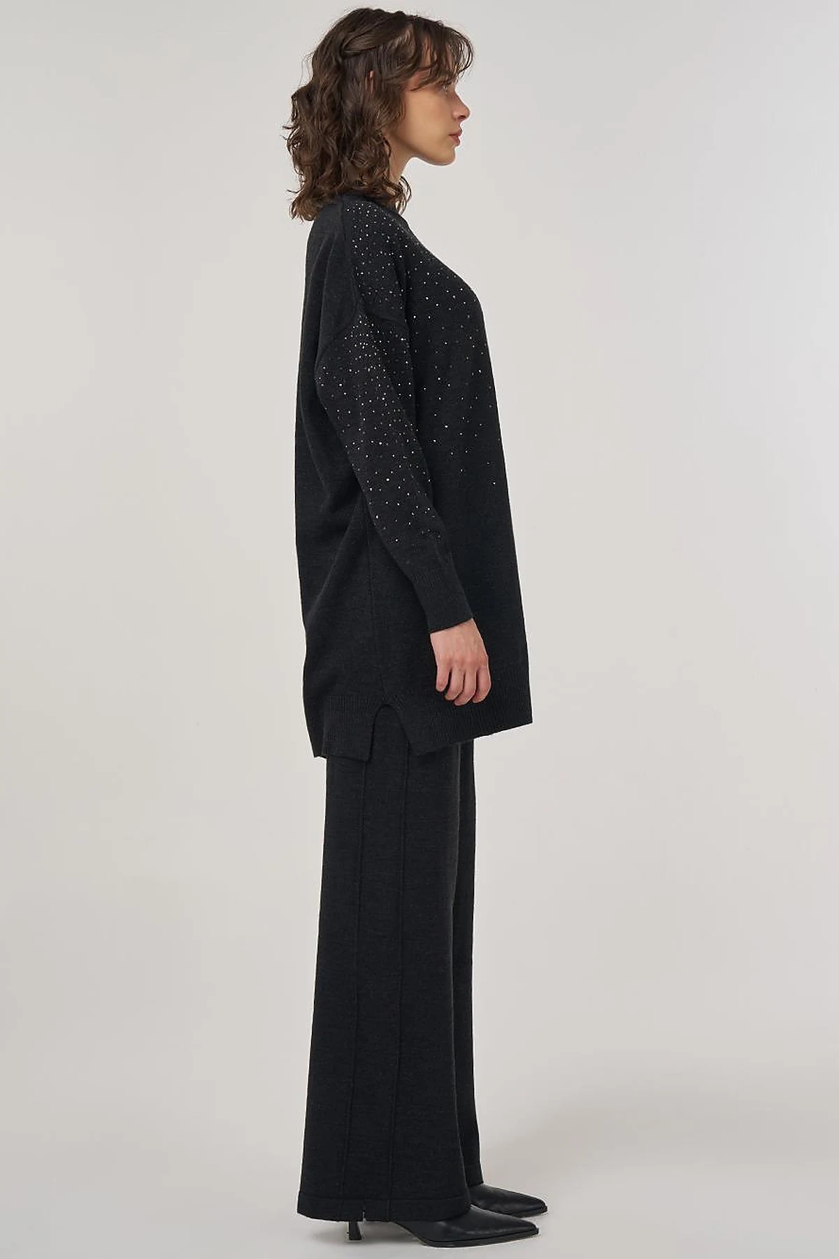 Hotfix Printed Knit Tunic Pants Two-Piece Set Black