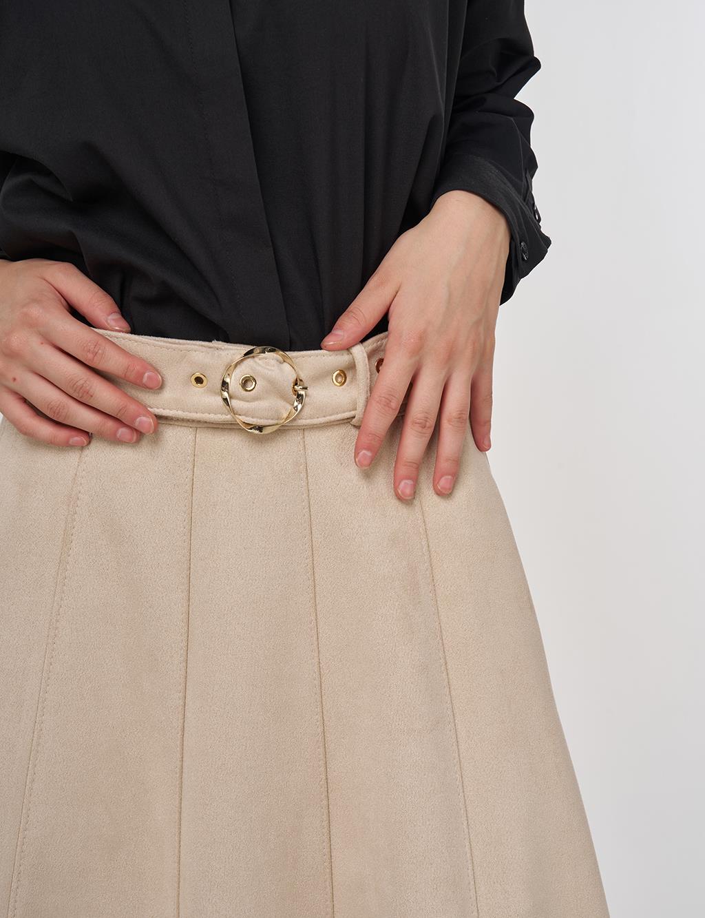 Flared Suede Skirt with Belt in Cream