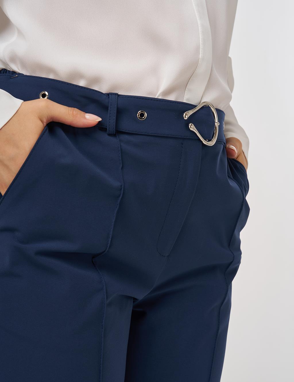 Grass-Embroidered Carrot Trousers with Elastic Waist Belt in Dark Navy