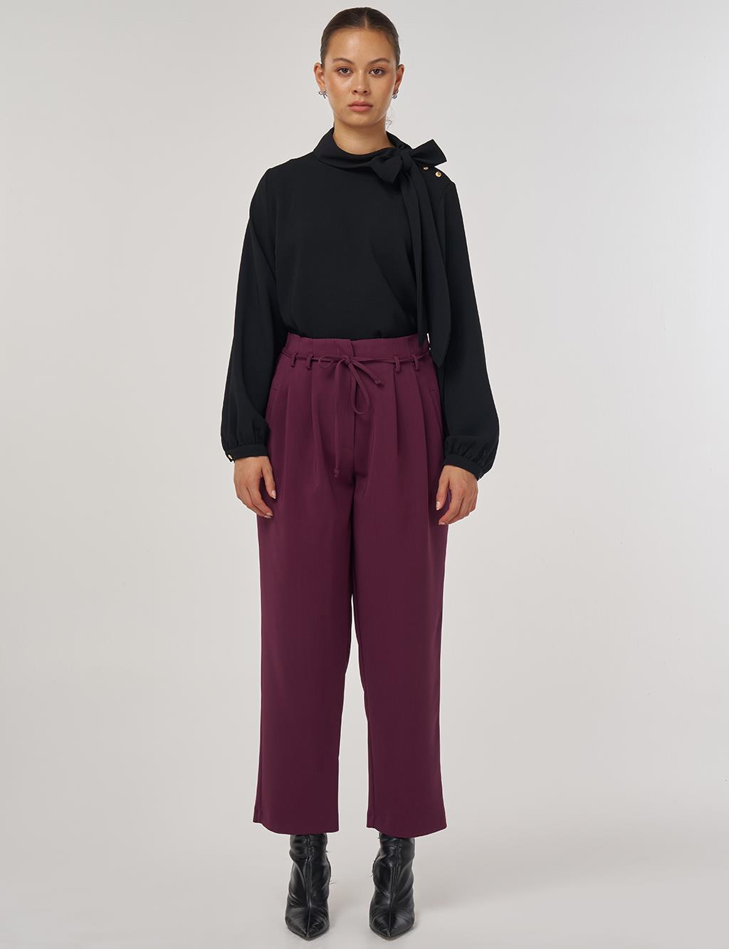Pleated Lace-Up Belted Pipe-Leg Trousers in Fig