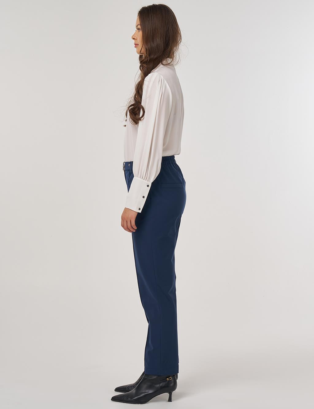 Grass-Embroidered Carrot Trousers with Elastic Waist Belt in Dark Navy