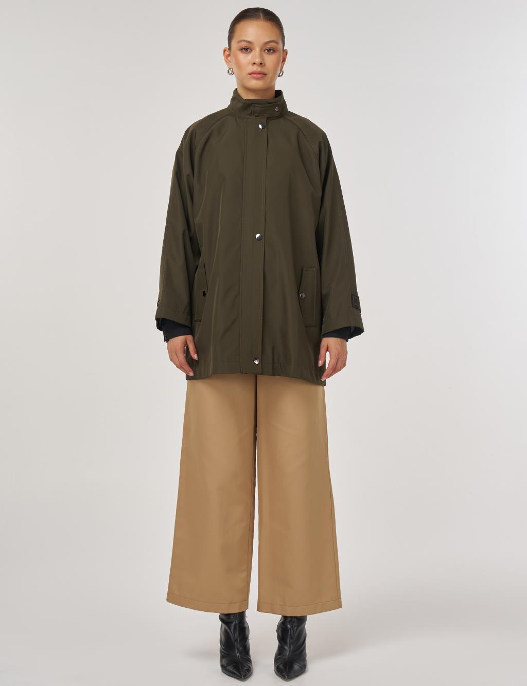 Short High-Neck Trench Coat in Dark Khaki