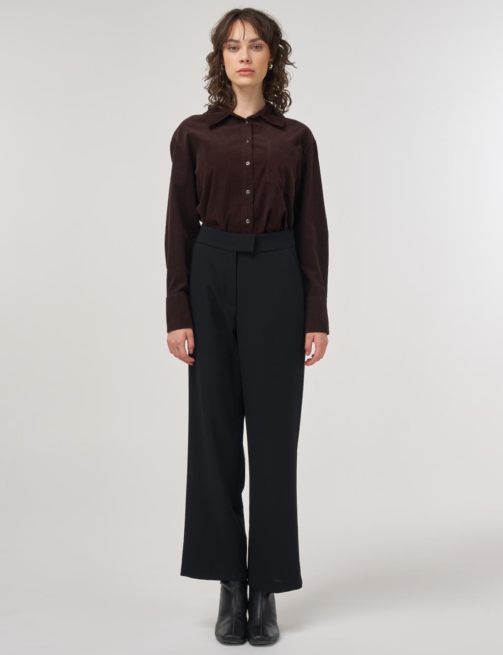 High-Waisted Straight-Cut Fabric Trousers in Black
