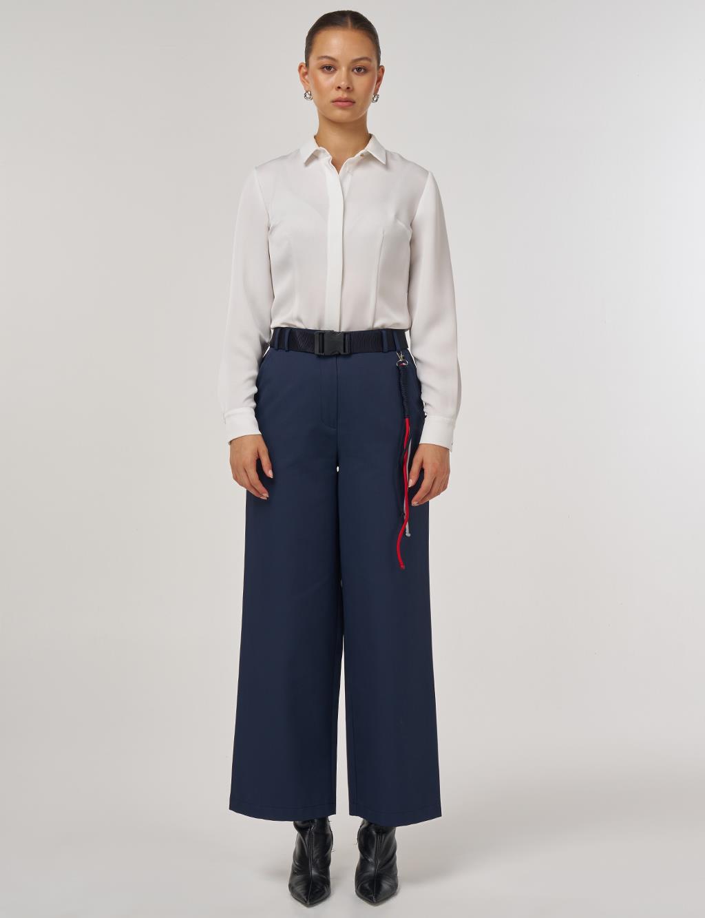 Wide-Leg Trousers with Belt Accessory Detail in Black