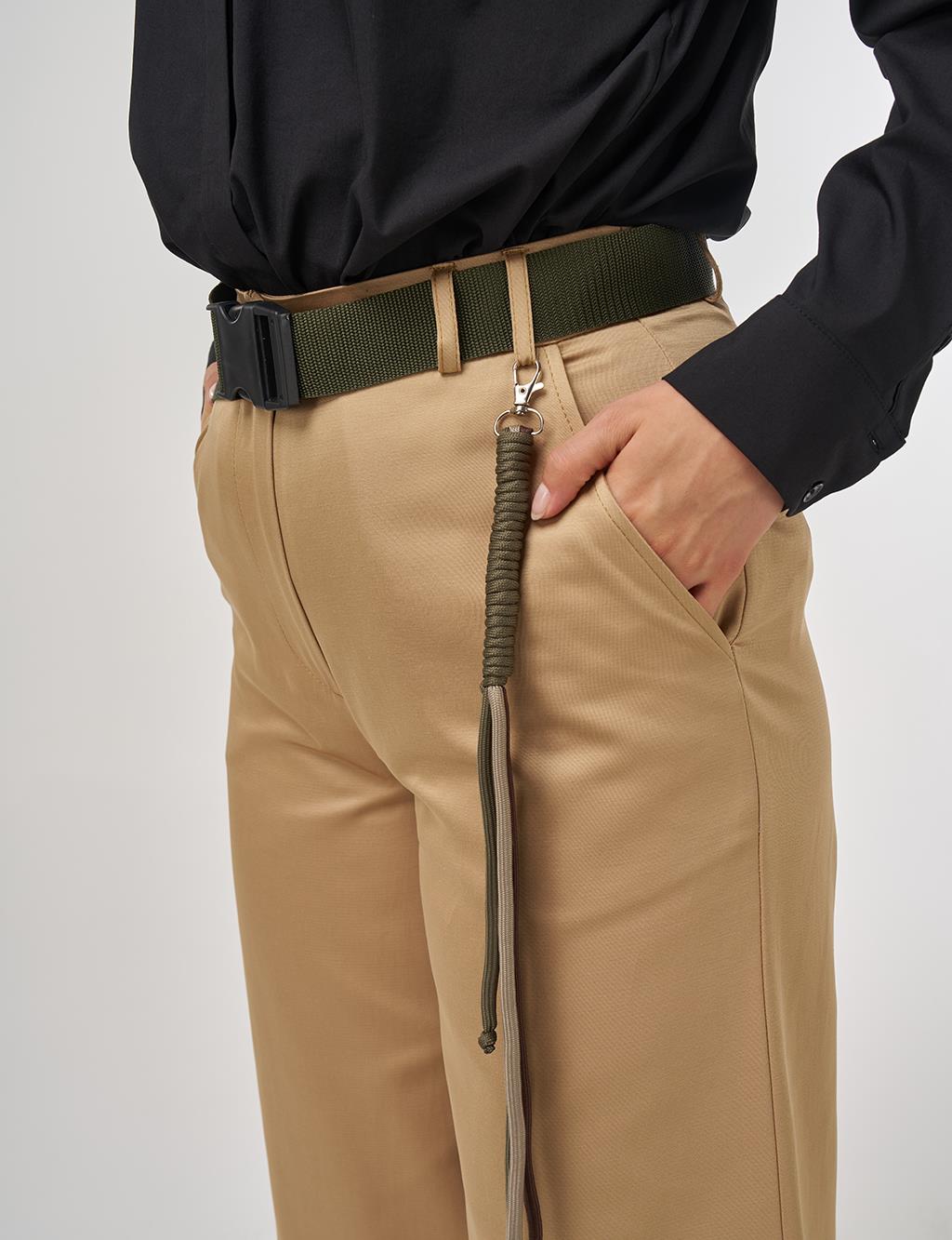 Wide-Leg Trousers with Belt Accessory Detail in Beige