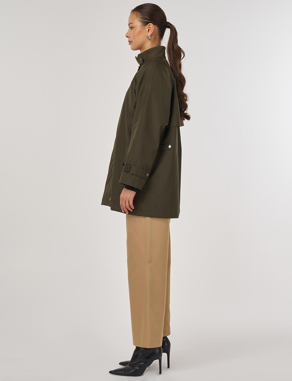Short High-Neck Trench Coat in Dark Khaki