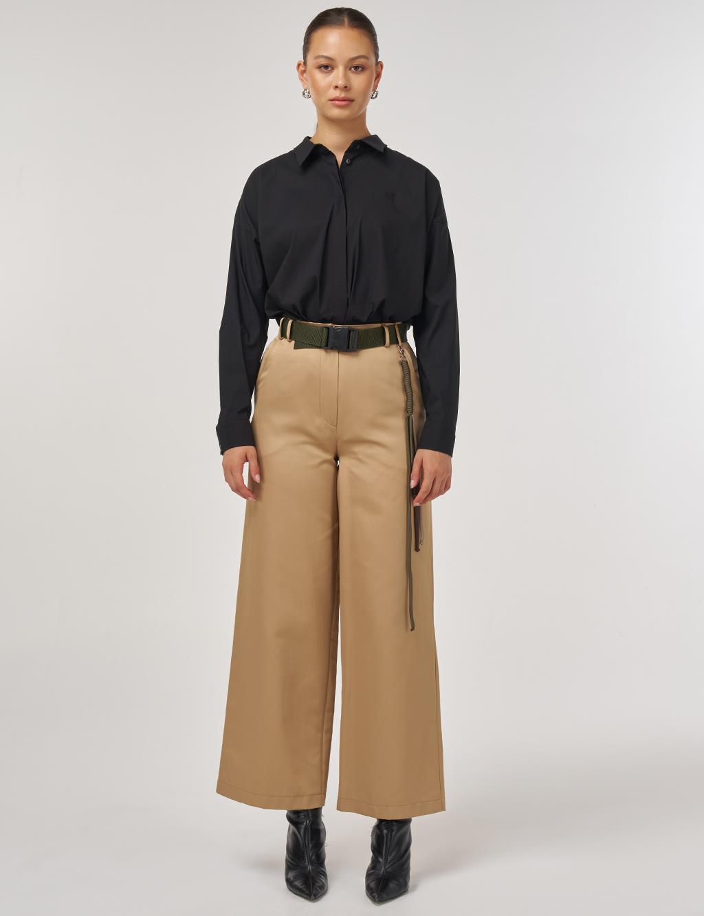 Wide-Leg Trousers with Belt Accessory Detail in Beige