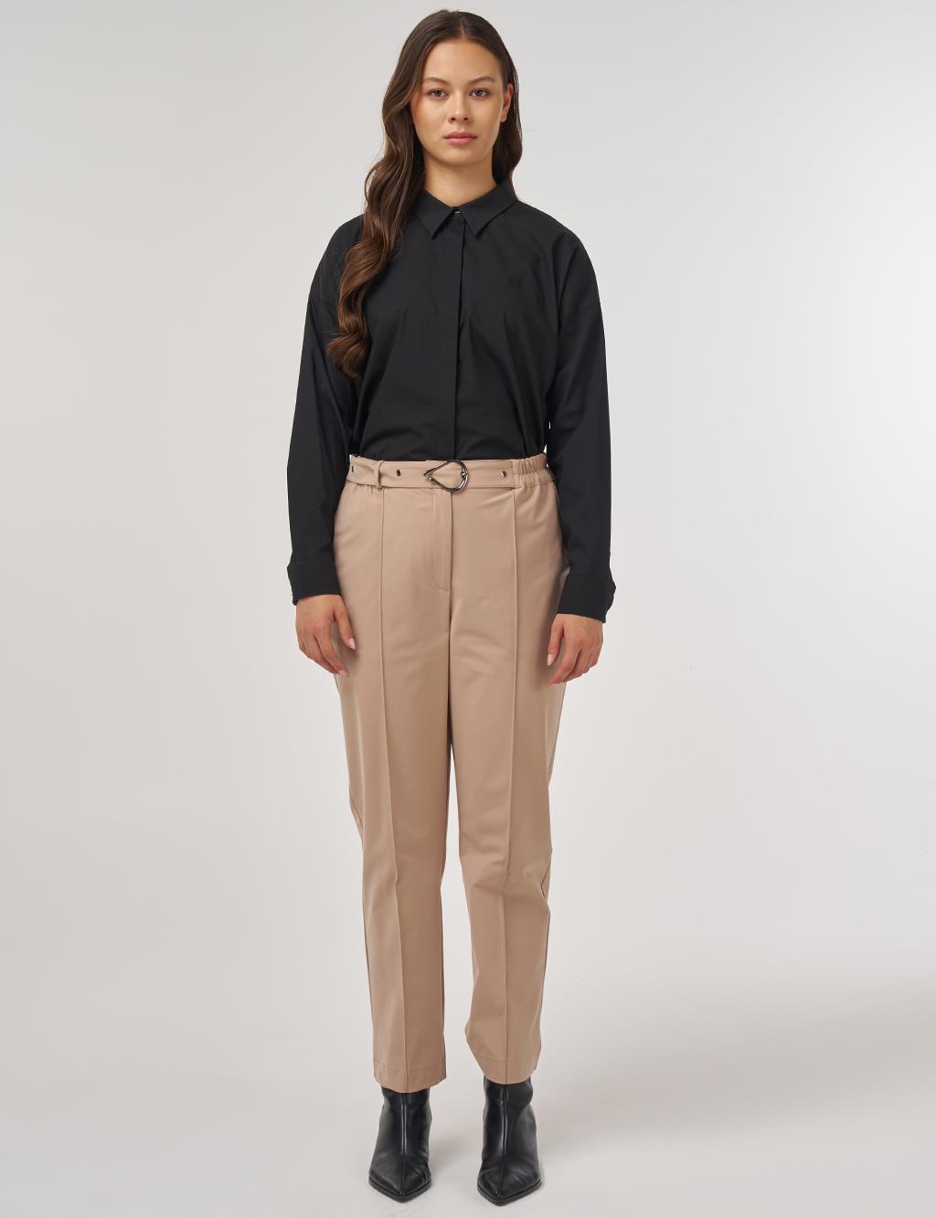 Grass-Embroidered Carrot Trousers with Elastic Waist Belt in Beige