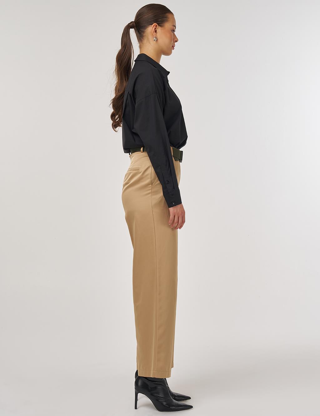 Wide-Leg Trousers with Belt Accessory Detail in Beige