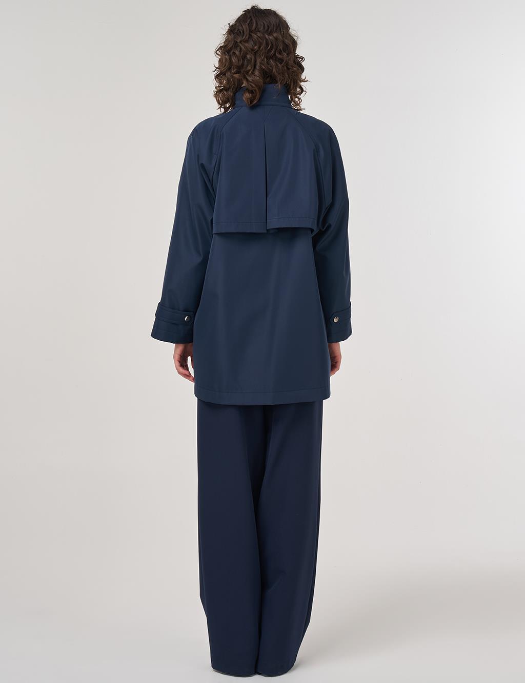 Short High-Neck Trench Coat in Dark Navy