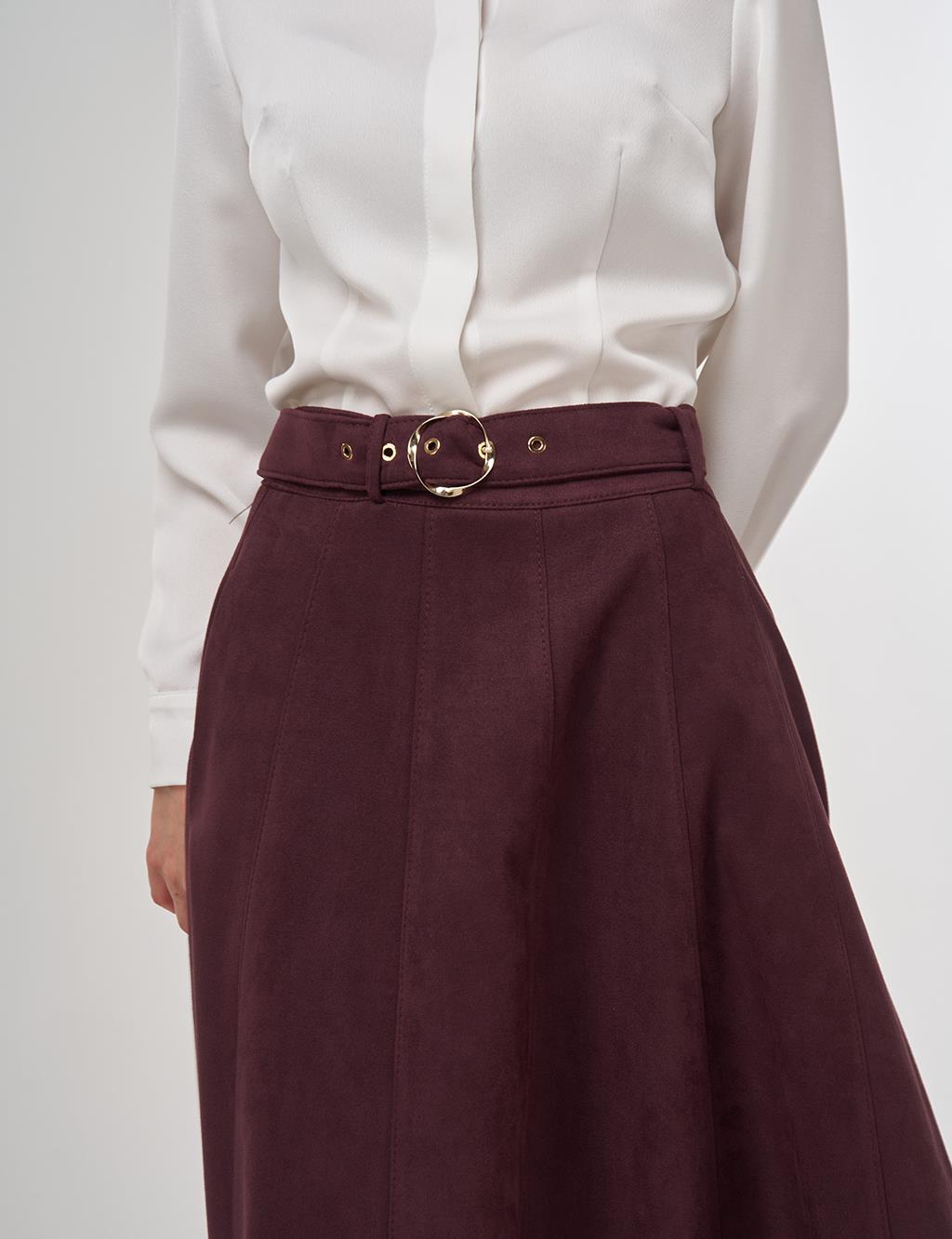 Flared Suede Skirt with Belt in Dark Burgundy