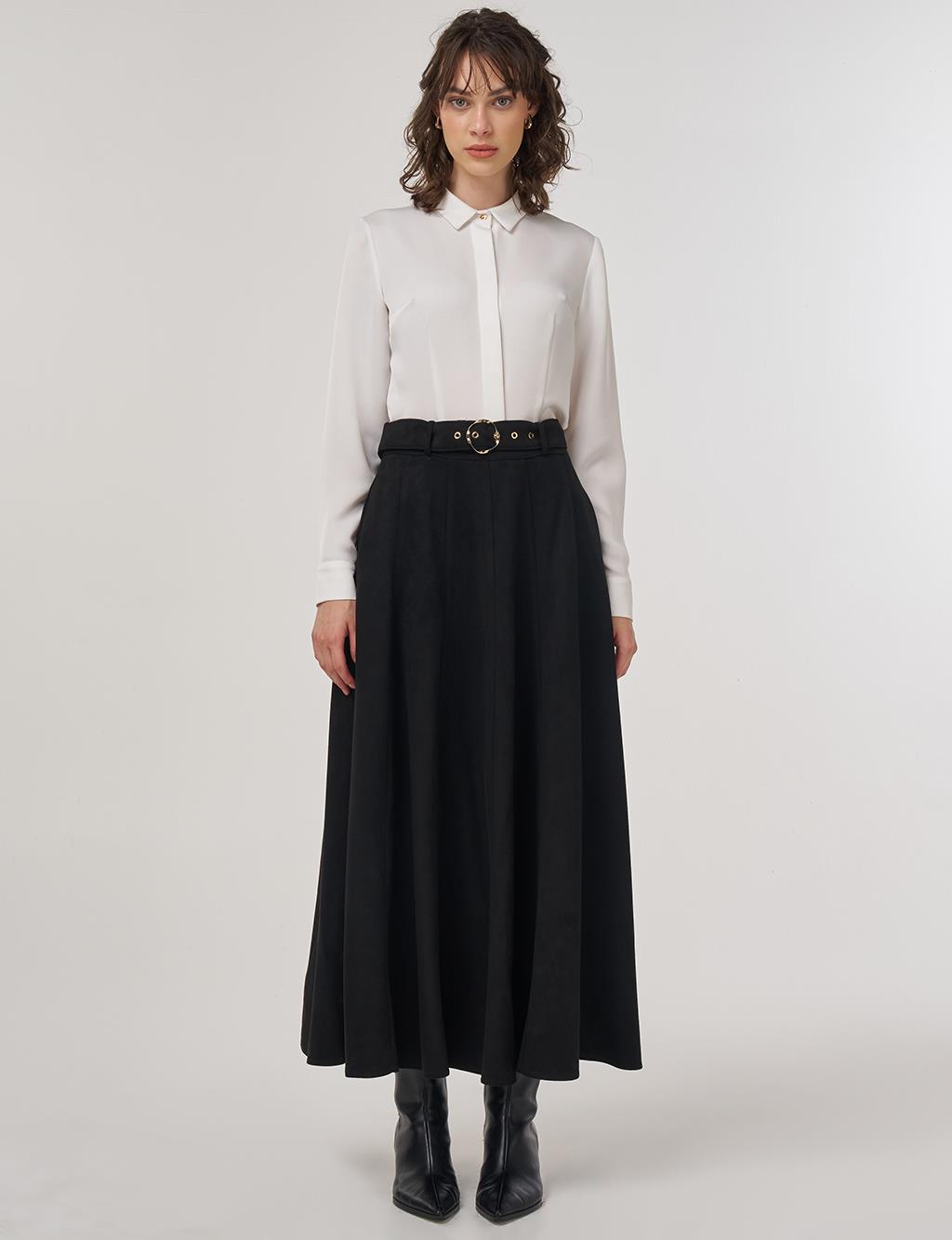 Flared Suede Skirt with Belt in Black